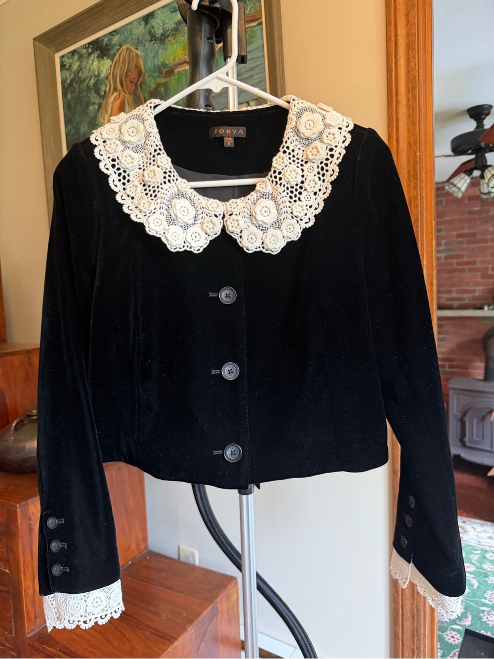 NWOT Black Velvet Jacket with White Crochet Collar